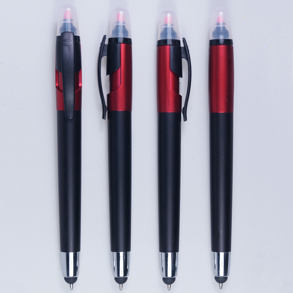 Multi function 3 in 1 dual pen stylus ballpoint ball pen with highlighter