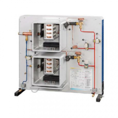 Modelo de um sistema de refrigeração com estágios de refrigeração e congelamento. Equipamento escolar para treinamento. Bancada de trabalho educacional para treinamento em refrigeração.