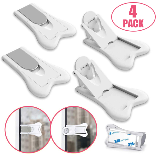 Sliding Door Lock for Baby Safety-Child Proof Doors &amp; Closets (Grey/White, 4 Pack Baby Lock + 4 Pack 3M Adhesive)