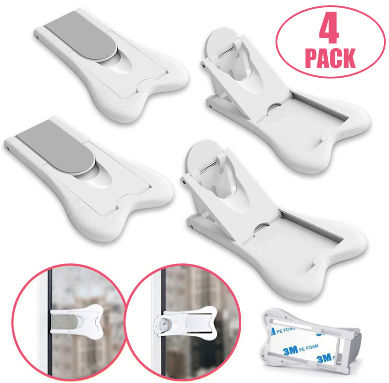 Sliding Door Lock for Baby Safety-Child Proof Doors & Closets (Grey/White, 4 Pack Baby Lock + 4 Pack 3M Adhesive)