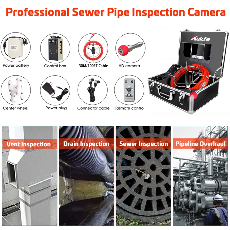 Aukfa Sewer Camera 100ft Snake Cam with Distance Counter DVR Video Sewer Pipe Inspection Equipment 7 inch LCD Monitor Duct HVAC 1000TVL Endoscope Waterproof IP68 Camera (8GB SD Card)
