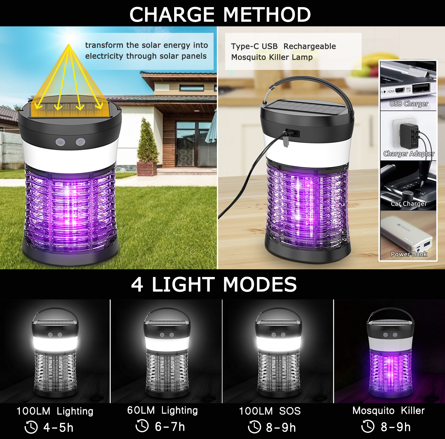 Bug Zapper for Outdoor and Indoor, Electric Mosquito Zappers Killer - Insect Fly Trap,Waterproof Powered Mosquito Lamp with 3 Lighting Modes,USB Type C Solar Charging for Home,Hiking,Backyard,Patio