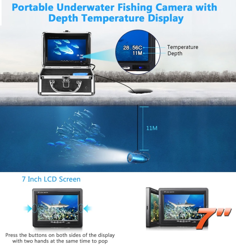 Portable Underwater Fishing Camera with Depth Temperature Display-Waterproof HD Camera and 7'' LCD Monitor-Infrared Fish Finder-Up to 8 Hours Battery Life-Ultimate Fishing Gear (15M Cable)
