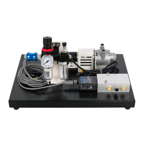 Kit electropneumático - Controlo de velocidade de um motor pneumático - Equipamento de formação educativa - Equipamento técnico para o ensino - Equipamento para formação em mecatrónica