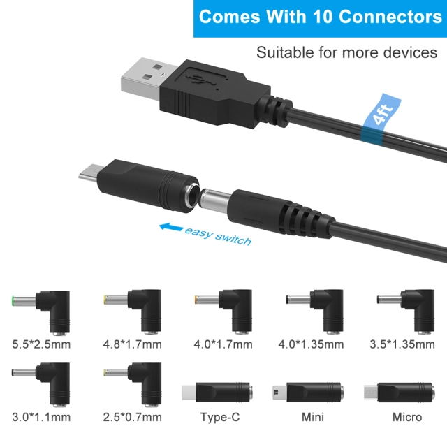 IBERLS Universal 5V DC Power Cable, USB to DC 5.5x2.1mm Plug Charging Cord with 10 Connector Tips(5.5x2.5, 4.8x1.7, 4.0x1.7, 4.0x1.35, 3.5x1.35, 3.0x1.1, 2.5x0.7, Micro USB, Type-C, Mini USB)