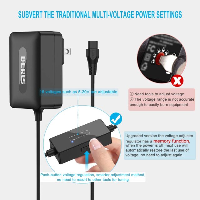 IBERLS 24W Universal 5V 6V 7V 8V 9V 10V 11V 12V 13V 14V 15V 16V 17V 18V 19V 20V Power Supply Adapter (16 Voltages Available) for Most Electronic Devices (with 9 Connector, Reverse Polarity Cable)