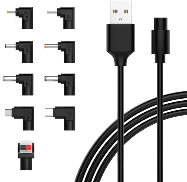 IBERLS Universal 5V DC Power Cable, USB to DC 5.5x2.1mm Plug Charging Cord with 9 Connector Tips(5.5x2.1mm, 5.5x2.5mm, 4.0x1.7mm, 3.5x1.35mm, 2.5x0.7mm, 3.0x1.1mm, Micro, Type-C, LED Terminal)