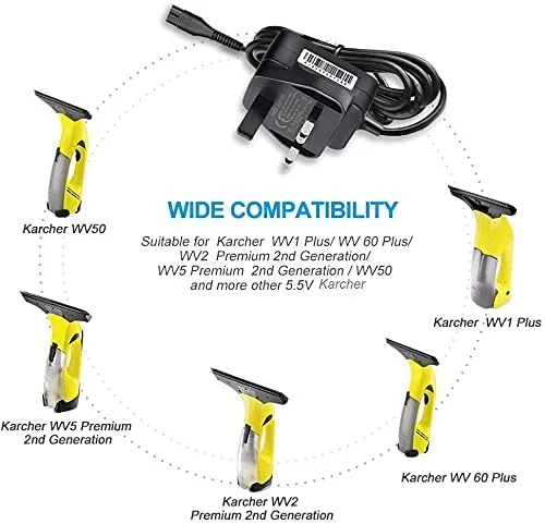 BERLS 5.5V Charger for Karcher Window Vacuum Cleaner WV1, WV1 Plus, WV2 WV 2 Premium 2nd Generation, WV5 WV 5 Premium 2nd Generation, WV60 WV70 Replacement Plug for Kärcher Window Vac Power Supply