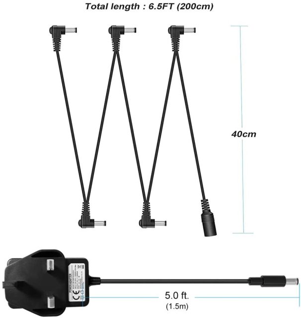 BERLS 9V Guitar Pedal Power Supply for Boss, Behringer, Digitech, Ibanez, MXR, Zoom, EBS, Guyatone, BIYANG Daisy Chain Guitar Effect DC Adapter (with Tip Negative 5 Way Cables)