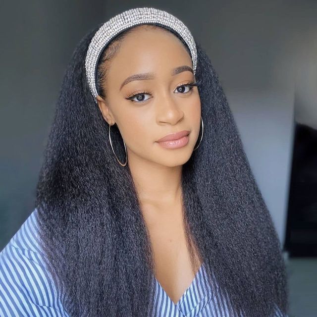 KissBeauty Head band Wig Kinky straight hair Wig easy to wear no gule natural black color wig