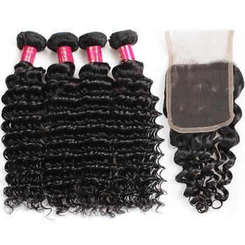 KissBeauty 4PCS SET  Natural Color  Jerry Curly Wave Deep Wave  4PCS  Bundles   Plus Closure  Package 400g 100% Human Virgin Hair Bundles  Double Machine Weft