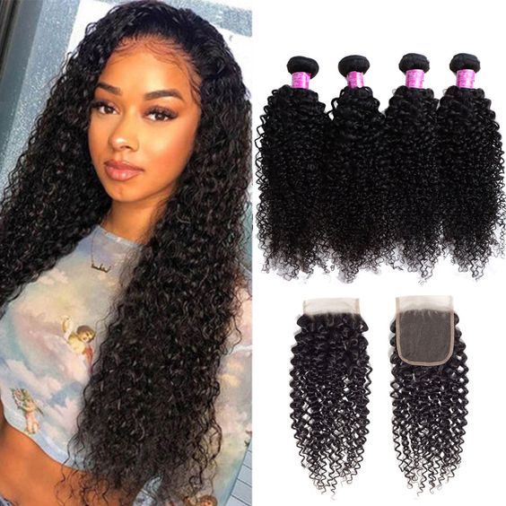 KissBeauty 4PCS SET  Natural Color  Jerry Curly Wave Deep Wave  4PCS  Bundles   Plus Closure  Package 400g 100% Human Virgin Hair Bundles  Double Machine Weft