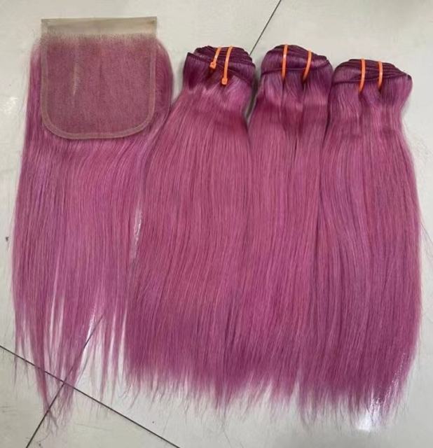 KissBeauty Pink Color Straight Hair Bundles With  closure  100g 100% Human Virgin Hair Bundles  Double Machine Weft