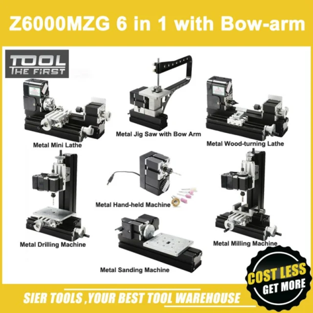 Z6000MZG Metal 6 in 1 Mini Lathe with Bow-arm/24W,20000rpm bow-arm 6in1 Lathe with tool box