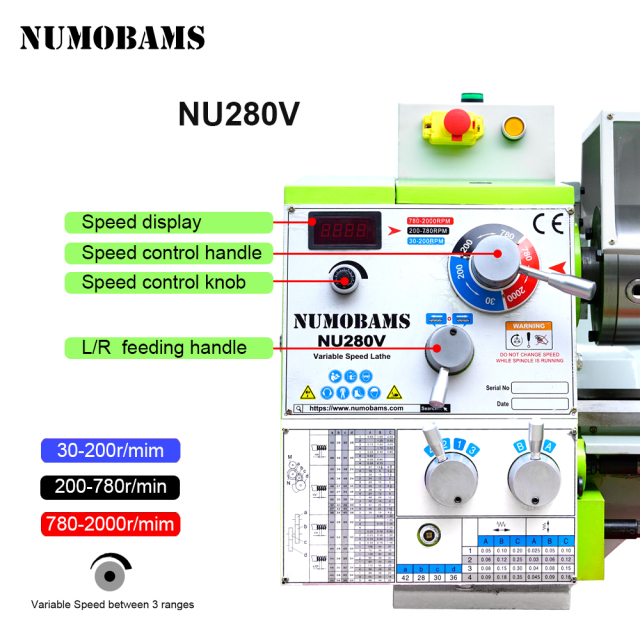 NUMOBAMS NU280V 1100W Motor MT5 Spindle 280*500MM Thread Making Metal Lathe Machine