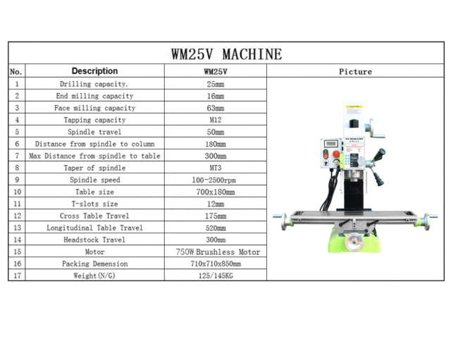 NUMOBAMS WM25V-Super Vertical Column 750W Power Metal Milling Machine