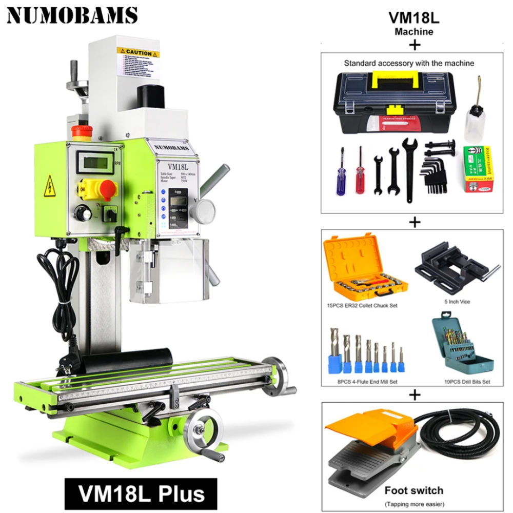NUMOBAMS VM18L Plus 750W Brushless Motor DIY Metal Drilling and Milling Machine