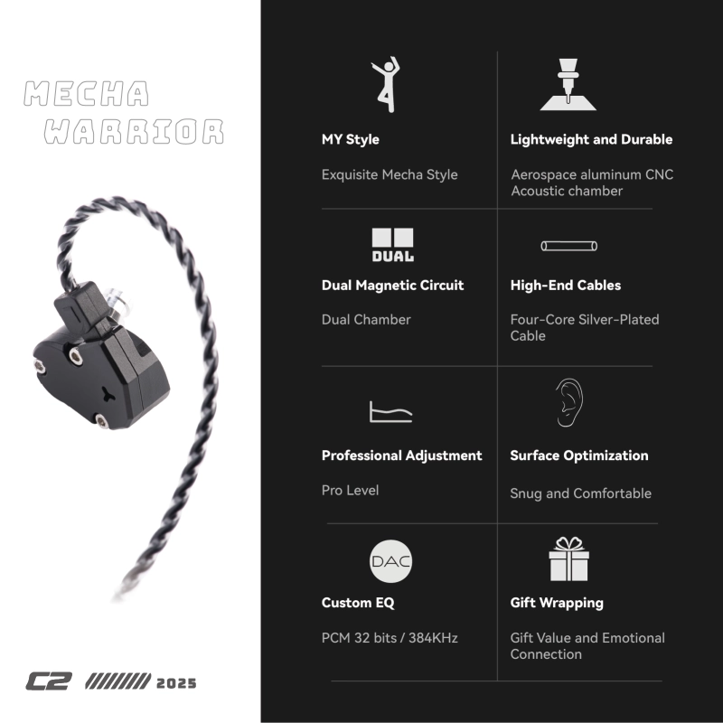 TINHIFI C2-2025 Best Budget In Ear Earphones C2 Upgraded Mech Style High Fidelity Earphones, Suitable for PU+LCP Driver Gaming, Work, and Learning Experience High Fidelity, Gaming, Work, and Learning Mech Style Design and PU+LCP Driver Program