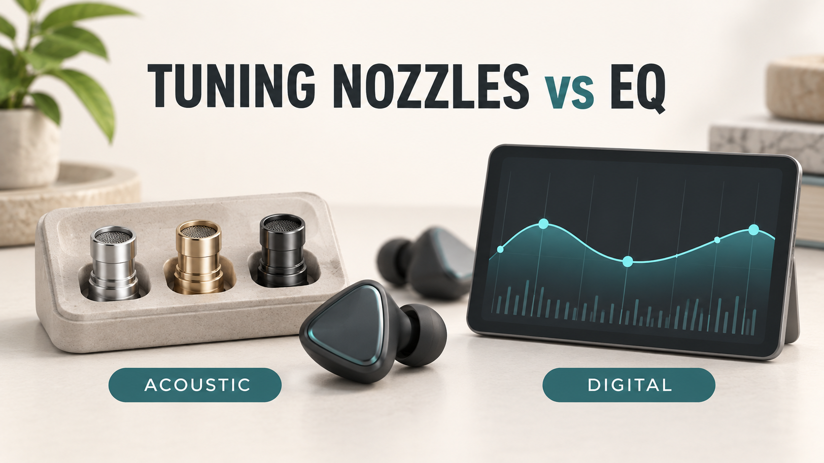 Conceptual illustration comparing acoustic tuning nozzles with digital EQ, not actual T6 components