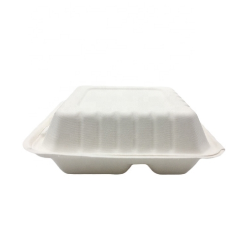 Takeaway Sugarcane 3-Grid Striped Clamshell Food Container