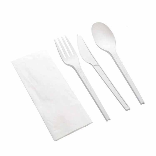 PLA Wrap เป็นมิตรกับสิ่งแวดล้อม Flatware ย่อยสลายได้ทางชีวภาพเดินทางชุดช้อนส้อมพลาสติกที่ใช้แล้วทิ้ง