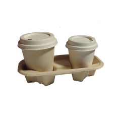 Unbleached Sugarcane Pulp Tea Cup Holder Tray for 2 Cups