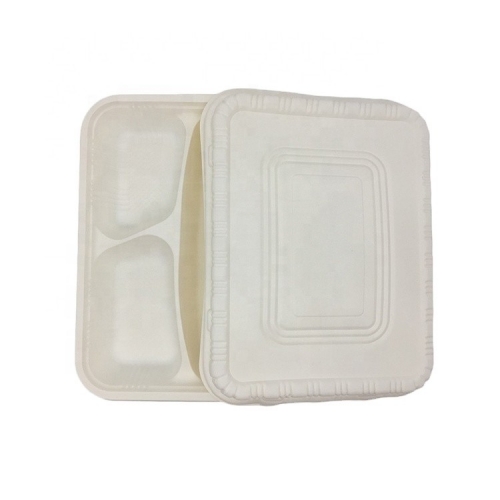 Bandeja de maicena natural biodegradable de 3 compartimentos con tapa