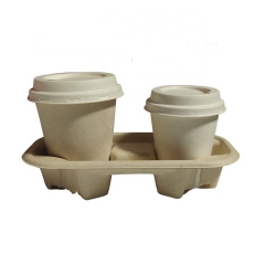 Unbleached Sugarcane Pulp Tea Cup Holder Tray for 2 Cups