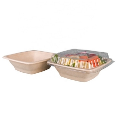 16OZ Bagasse Pulp Square Disposable Biodegradable Bowl with Clear Lid