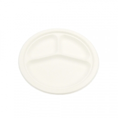 white divided 3 compartment sugarcane bagasse round plate