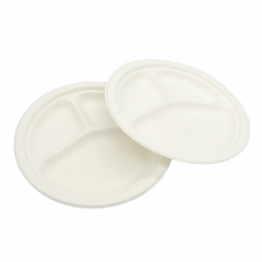 white divided 3 compartment sugarcane bagasse round plate