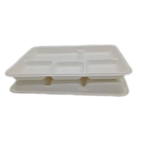 Einweg-Zuckerrohr-Bagasse 5-Fach-Tablett Biologisch abbaubare Verpackung Essenstablett Lunch-Tablett