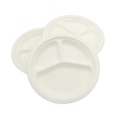 Biodegradable disposable sugarcane three-compartment round food plate