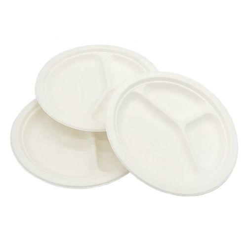 Biodegradable disposable sugarcane 3-compartment round plate for party