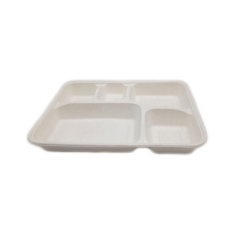 Disposable biodegradable sugarcane bagasse pulp 5 compartment food tray for restaurant