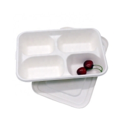One-time biodegradable four-compartment food lunch box with lid