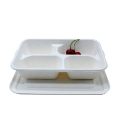 Bandeja de comida de caña de azúcar biodegradable desechable de 4 compartimentos con tapa