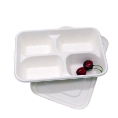 Bandeja de comida de caña de azúcar biodegradable desechable de 4 compartimentos con tapa