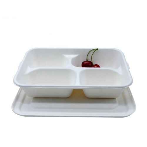 Disposable bagasse bento food tray for restaurant takeaway