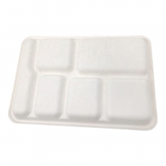 भोजन के लिए सफेद डिस्पोजेबल बायोडिग्रेडेबल 6-कम्पार्टमेंट गन्ना ट्रे