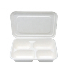 Fast food disposable bagasse 4-compartment food tray with cover