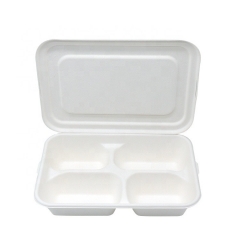 Vassoio per alimenti monouso in bagassa a 4 scomparti fast food con coperchio