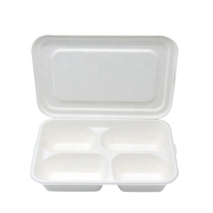 Fast food disposable bagasse 4-compartment food tray with cover