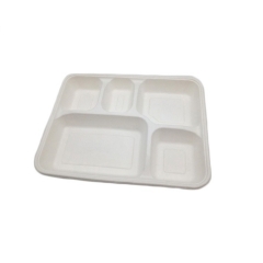 Eco Biologisch abbaubarer Einweg 5 Fächer Zuckerrohr Baggase Pulp Food Tray