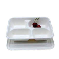 Biodegradable sugarcane four-compartment tray with lid