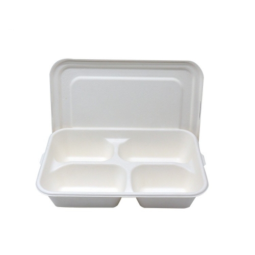 Bandeja de comida de caña de azúcar de bagazo blanco disponible 100% biodegradable de 4 compartimentos con tapa