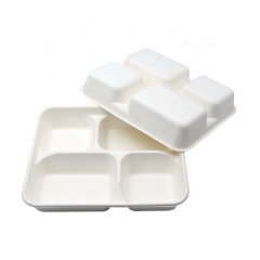 4 Compartment Biodegradable Sugarcane Lunch Trays Disposable Tableware