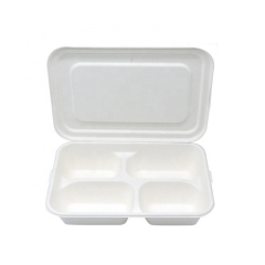 Biodegradable sugarcane four-compartment tray with lid