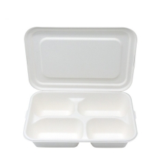 100% biodegradable 4 compartment disposable white bagasse sugarcane food tray with lid