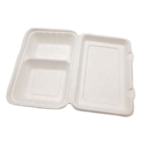 Sugarcane 2-grid Sriped Clamshell Food Container Biodegradable Box